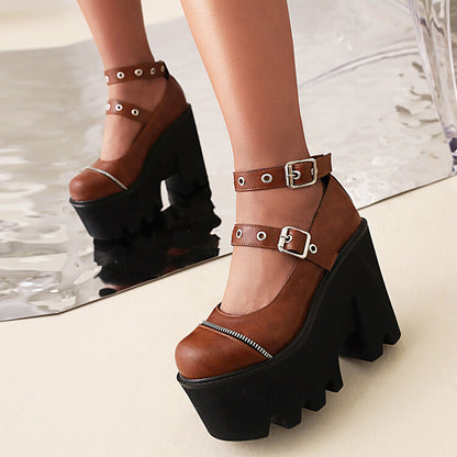 Women's Rivets Thick Sole Round Toe Metal Buckle Chunky Heel Platform Pumps