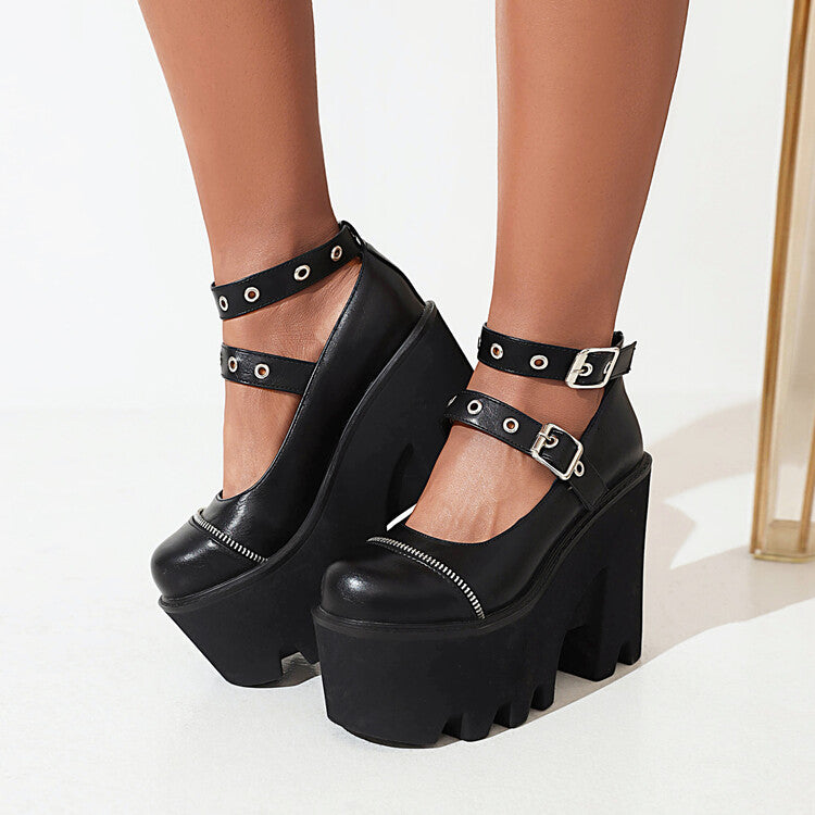 Women's Rivets Thick Sole Round Toe Metal Buckle Chunky Heel Platform Pumps