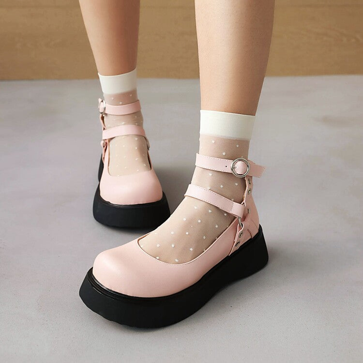 Women's Lolita Round Toe Double Ankle Strap Buckle Platform Flats Shoes