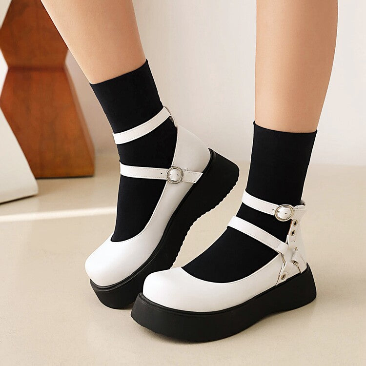 Women's Lolita Round Toe Double Ankle Strap Buckle Platform Flats Shoes