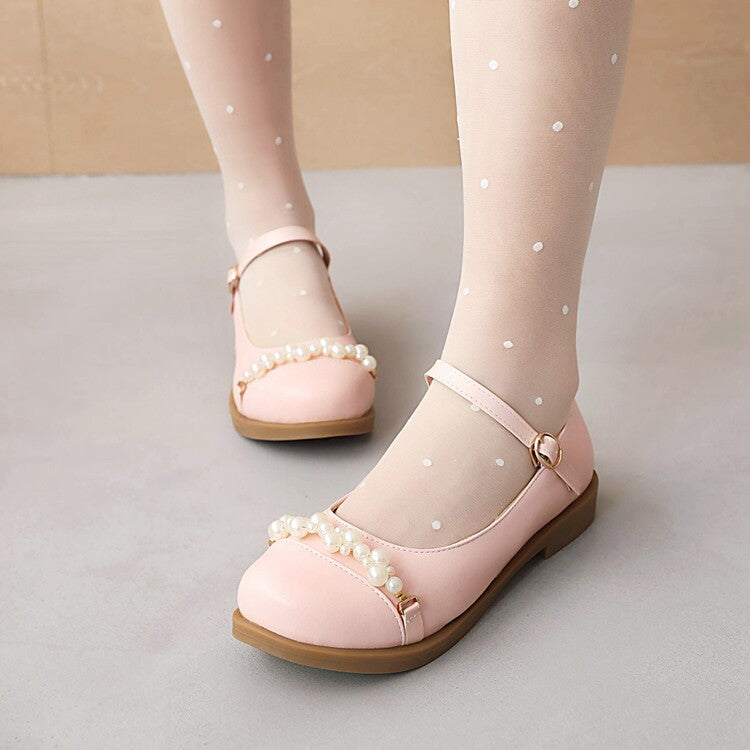 Women's Solid Color Pearls Beading Flat Many Jane Shoes