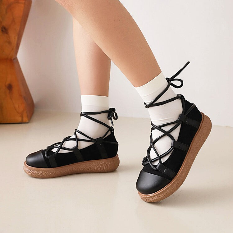 Women's Round Toe Cross Tied Strap Platform Flat Many Jane Shoes