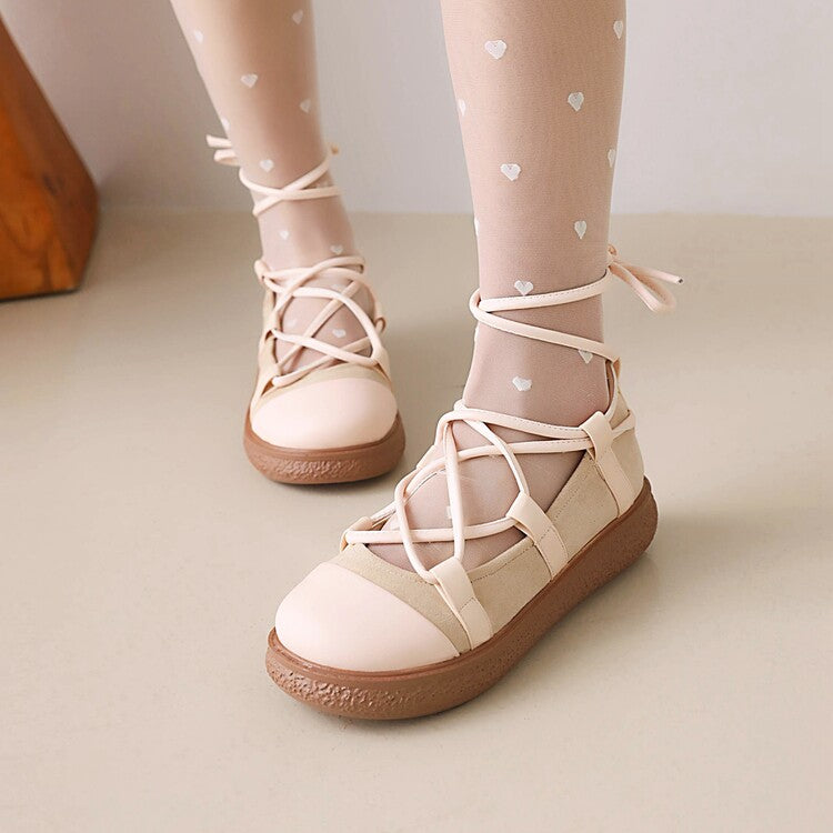 Women's Round Toe Cross Tied Strap Platform Flat Many Jane Shoes