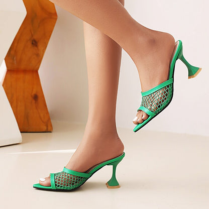 Women's Pointed Toe Mesh Solid Color Spool Heel Sandals