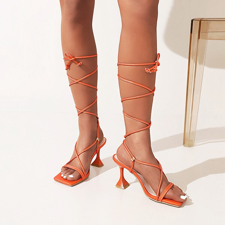 Women's Solid Color Square Toe Cross Strap Spool Heel Sandals