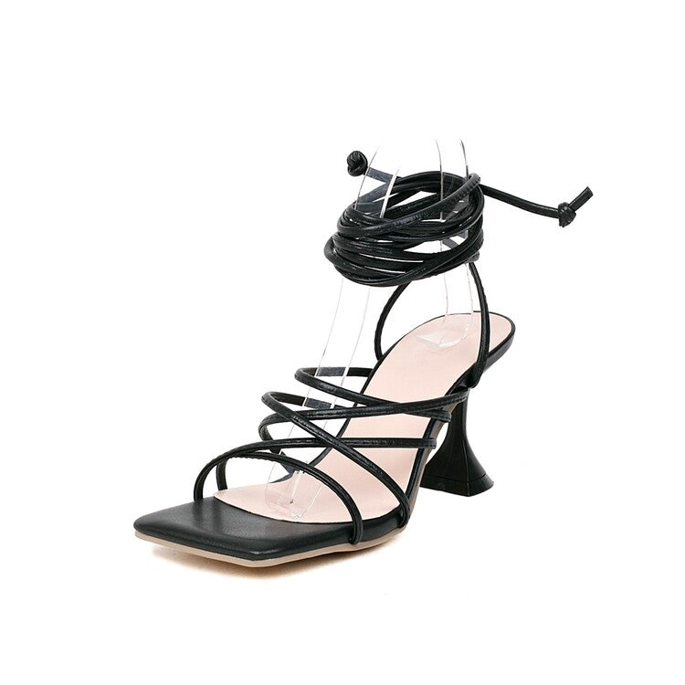 Women's Solid Color Square Toe Cross Tied Strap Spool Heel Sandals