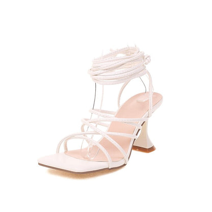 Women's Solid Color Square Toe Cross Tied Strap Spool Heel Sandals