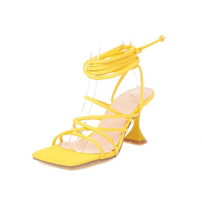 Women's Solid Color Square Toe Cross Tied Strap Spool Heel Sandals