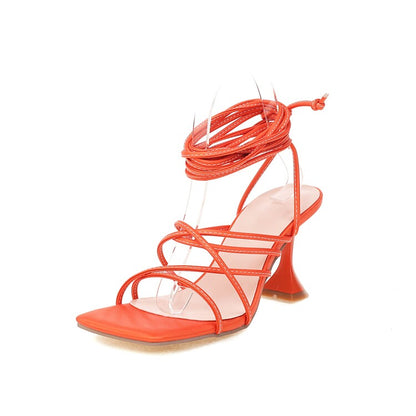 Women's Solid Color Square Toe Cross Tied Strap Spool Heel Sandals