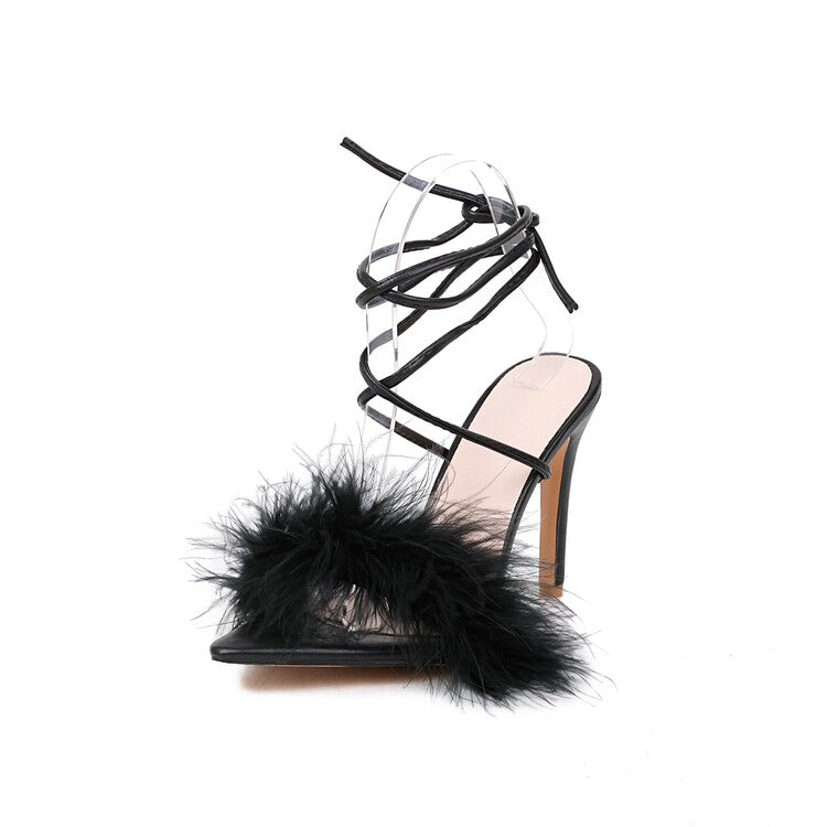 Women's Pointed Toe Fur Cross Ankle Strap Stiletto High Heel Sandals