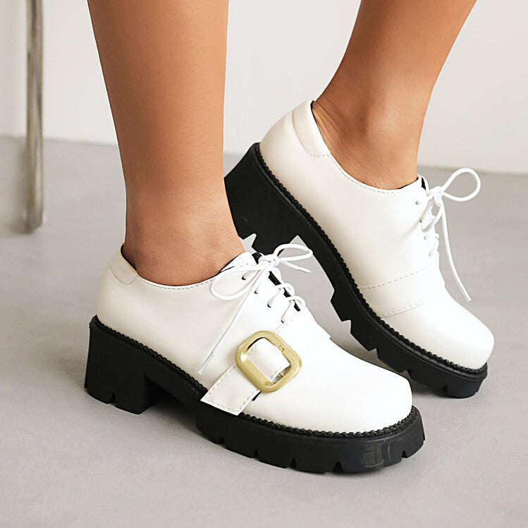 Women's Pu Leather Belts Buckles Tied Lace Up Platform Chunky Heels Shoes