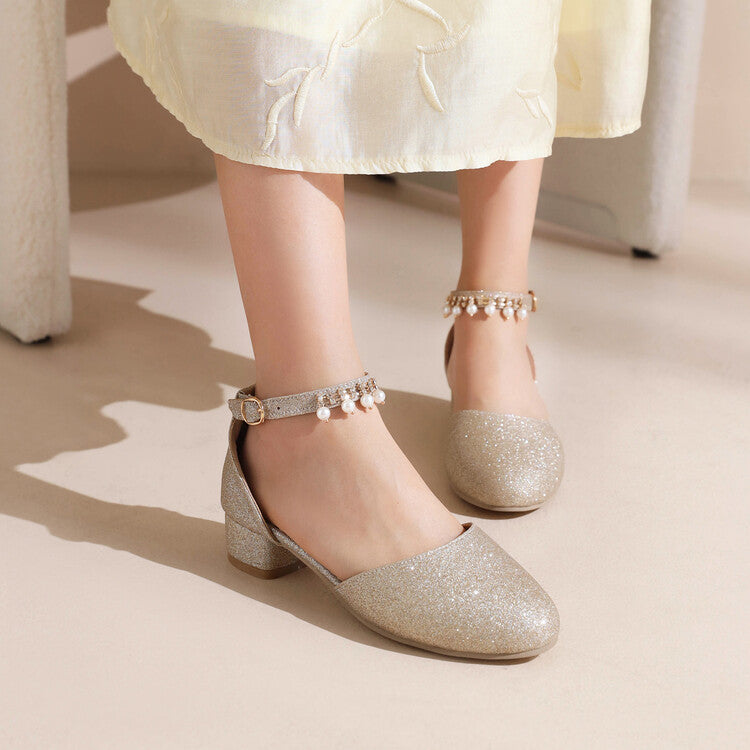 Women's Bling Bling Round Toe Hollow Out Ankle Strap Pearls Rhinestone Block Heel Low Heels Sandals