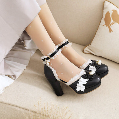 Women's Pearls Lolita Lace Butterfly Knot Chunky Heel Platform Sandals