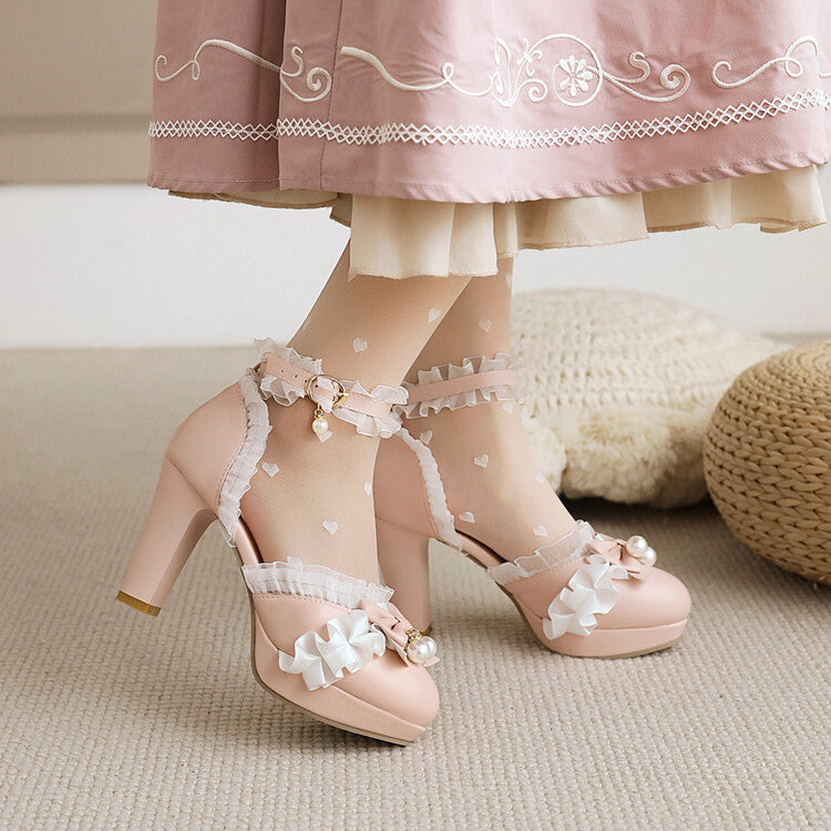 Women's Pearls Lolita Lace Butterfly Knot Chunky Heel Platform Sandals