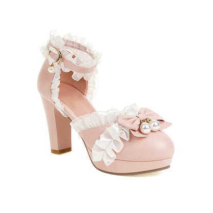 Women's Pearls Lolita Lace Butterfly Knot Chunky Heel Platform Sandals