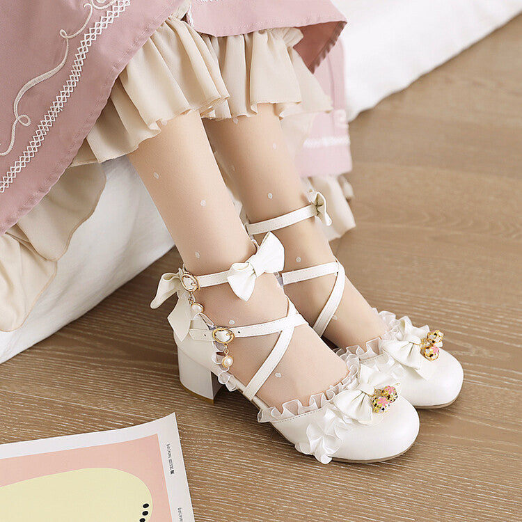 Women's Lolita Lace Butterfly Knot Chunky Heel Platform Sandals