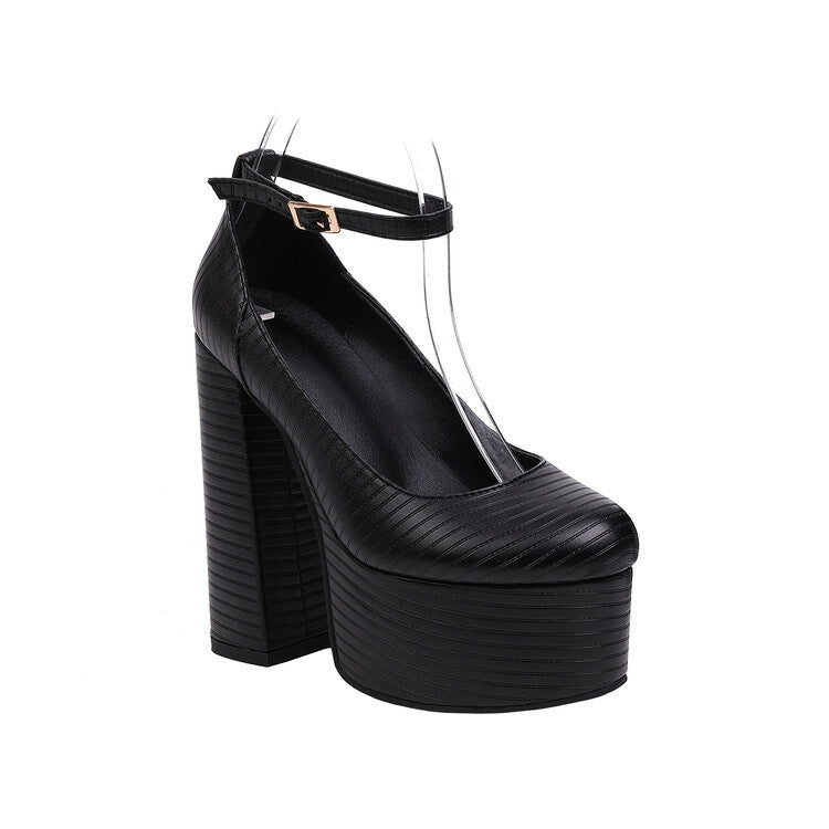 Women's Pu Leather Round Toe Block Heel Platform Pumps High Heels Shoes