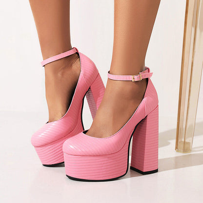 Women's Pu Leather Round Toe Block Heel Platform Pumps High Heels Shoes