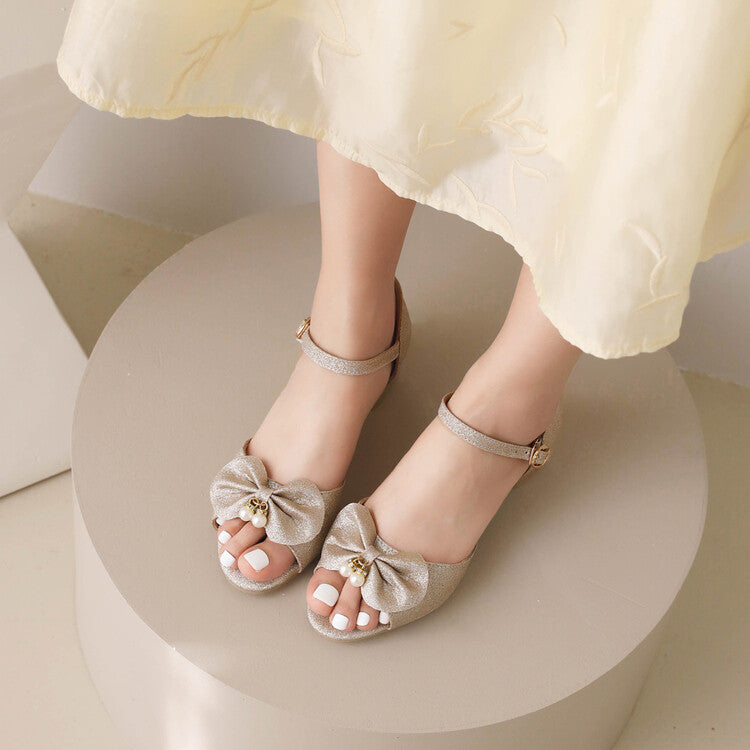 Women's Bling Bling Peep Toe Butterfly Knot pearl Hollow Out Ankle Strap Block Heel Sandals