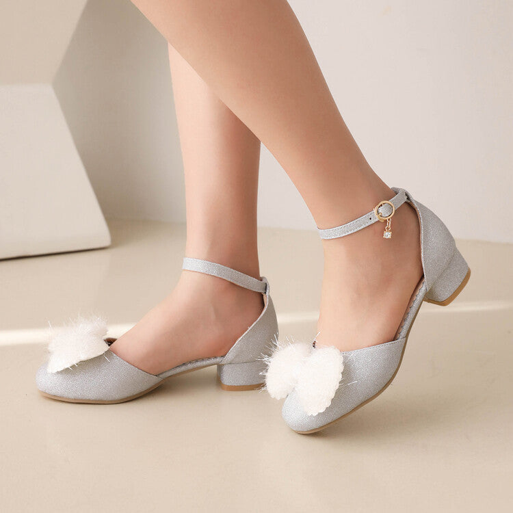 Women's Bling Bling Round Toe Fur Butterfly Knot Hollow Out Ankle Strap Block Heel Sandals