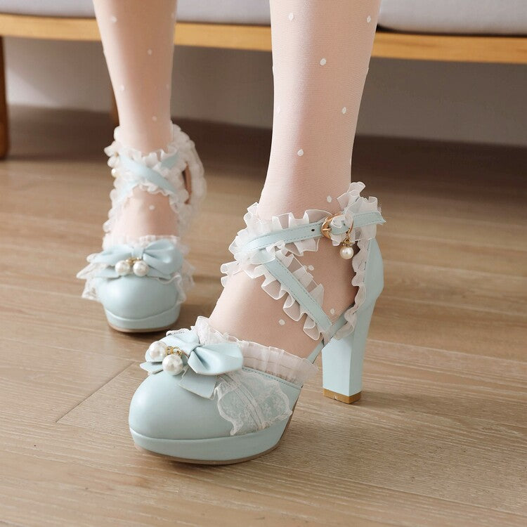 Women's Lolita Lace Ankle Strap Pearls Butterfly Knot Chunky Heel Platform Sandals