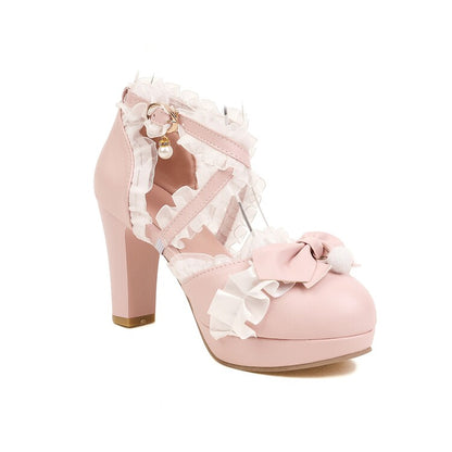 Women's Lolita Lace Butterfly Knot Pearls Chunky Heel Platform Sandals