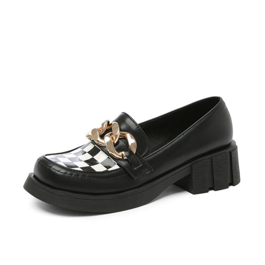 Women's Square Toe Bicolor Chains Block Heel Loafers