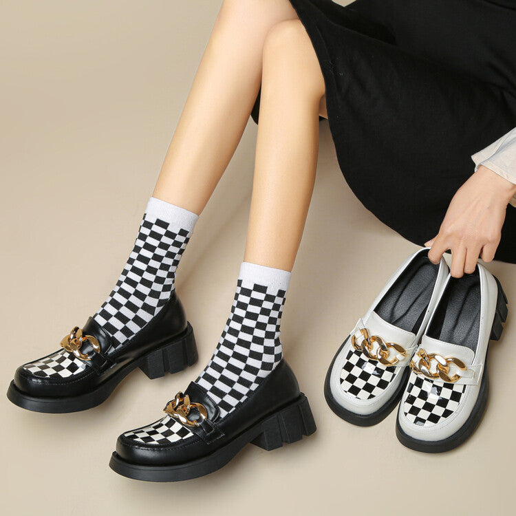 Women's Square Toe Bicolor Chains Block Heel Loafers