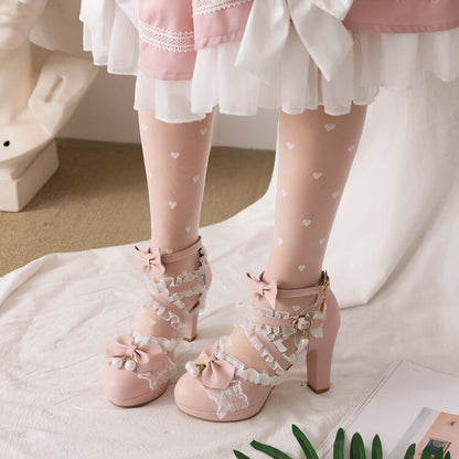 Women's Lolita Lace Pearls Butterfly Knot Chunky Heel Platform Sandals