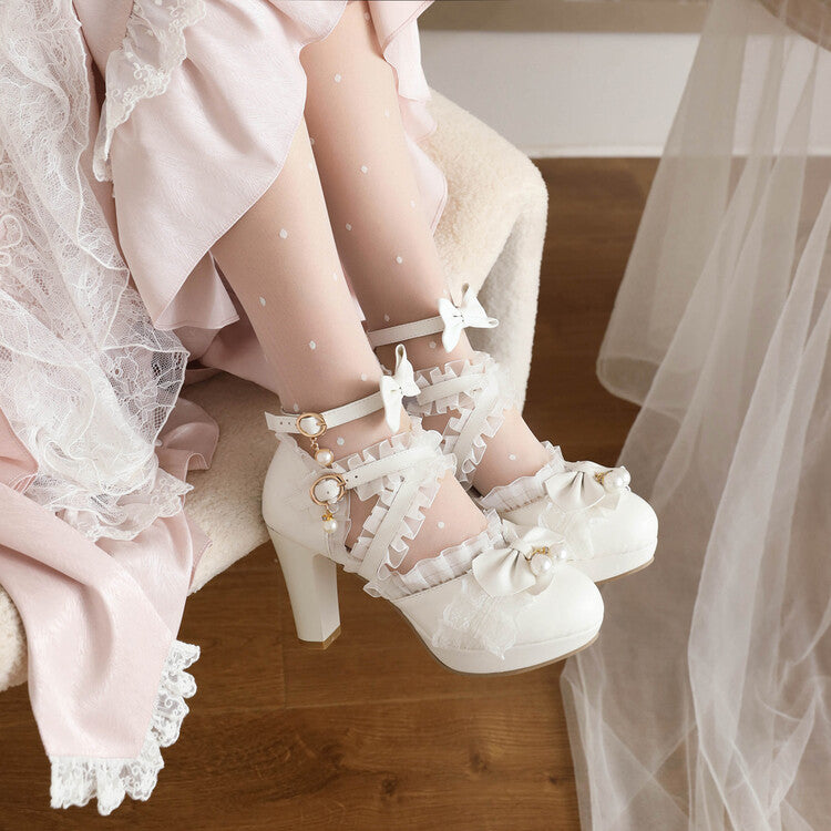 Women's Lolita Lace Pearls Butterfly Knot Chunky Heel Platform Sandals