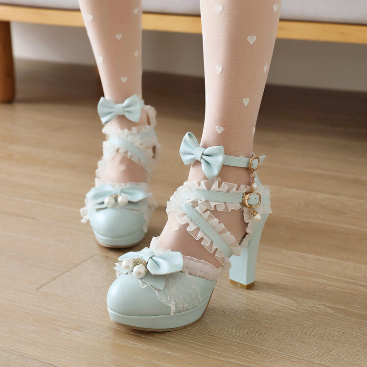 Women's Lolita Lace Pearls Butterfly Knot Chunky Heel Platform Sandals