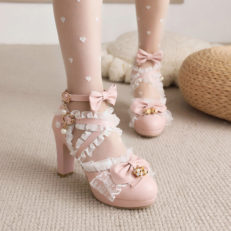 Women's Lolita Lace Butterfly Knot Pearl Chunky Heel PPlatform Sandals