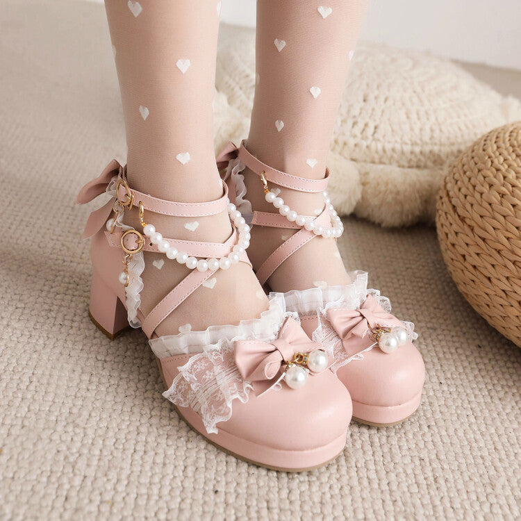 Women's Lolita Lace Butterfly Knot Pearls Beading Chunky Heel Platform Sandals