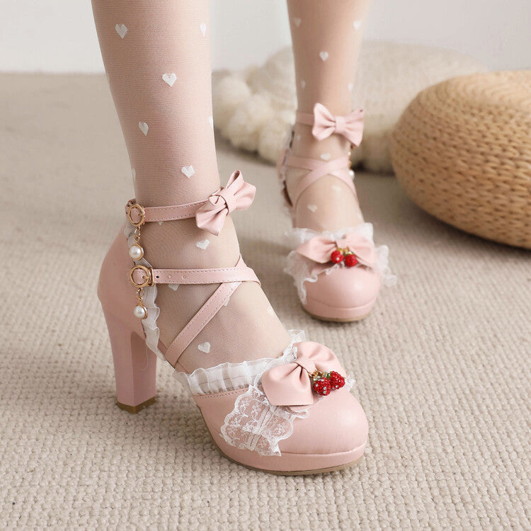 Women's Lolita Lace Butterfly Knot Chunky Heel Platform Sandals