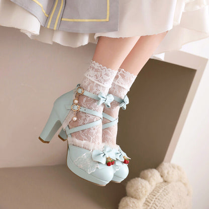 Women's Lolita Lace Butterfly Knot Chunky Heel Platform Sandals