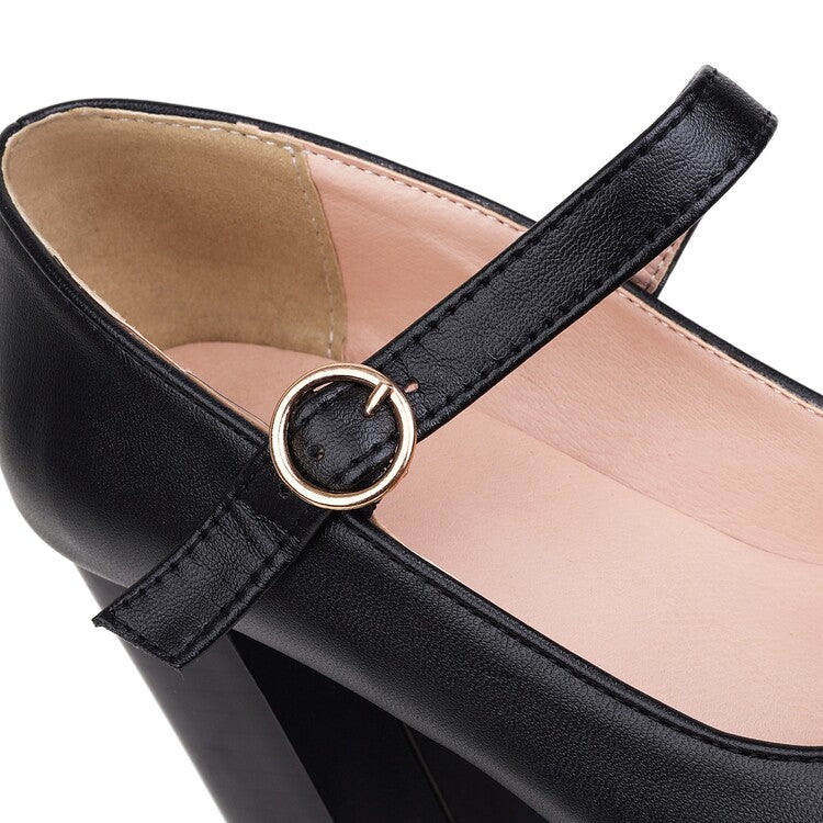 Women's Pumps Pu Leather Round Toe Mary Janes Belts Buckles Block Heel Platform Chunky Heels Shoes