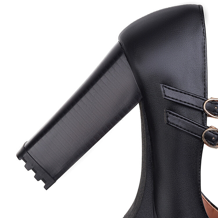 Women's Pumps Pu Leather Round Toe Double Buckles Belts Chunky Heel Platform Chunky Heels Shoes