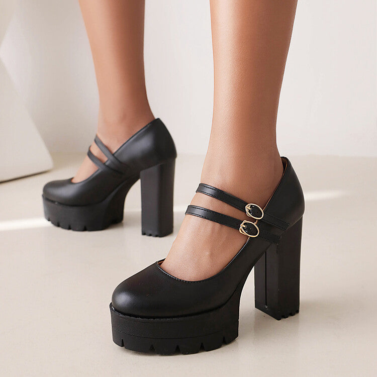 Women's Pumps Pu Leather Round Toe Double Buckles Belts Chunky Heel Platform Chunky Heels Shoes