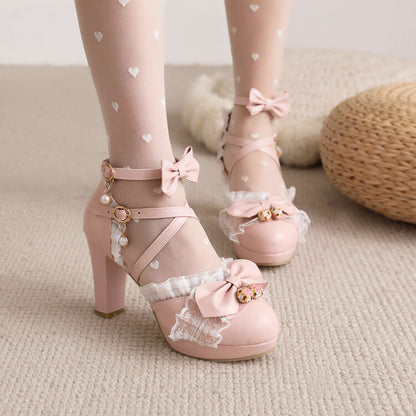 Women's Lolita Ankle Strap Lace Butterfly Knot Chunky Heel Platform Sandals