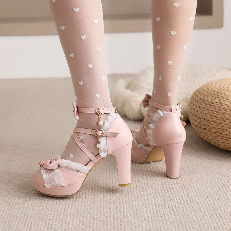 Women's Lolita Ankle Strap Lace Butterfly Knot Chunky Heel Platform Sandals