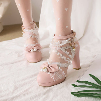 Women's Lolita Lace Strappy Butterfly Knot Pearls Chunky Heel Platform Sandals