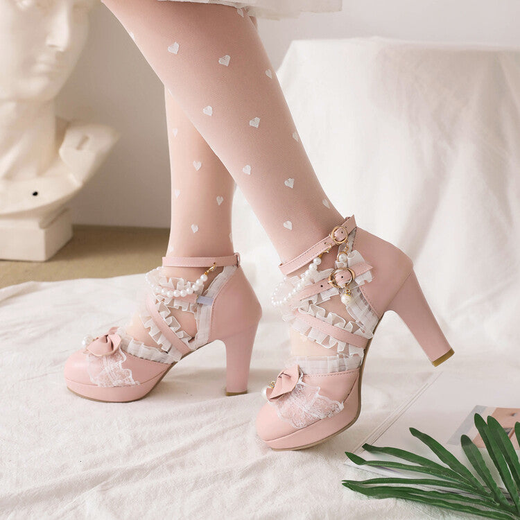 Women's Lolita Lace Strappy Butterfly Knot Pearls Chunky Heel Platform Sandals