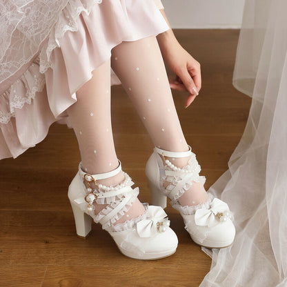 Women's Lolita Lace Strappy Butterfly Knot Pearls Chunky Heel Platform Sandals