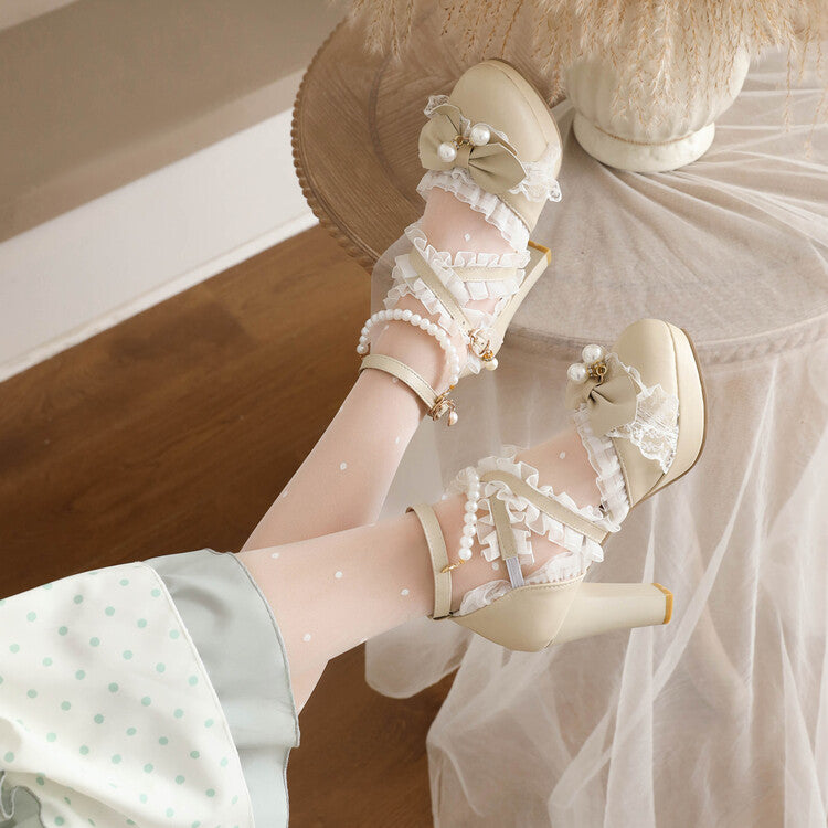 Women's Lolita Lace Strappy Butterfly Knot Pearls Chunky Heel Platform Sandals