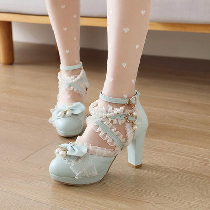 Women's Lolita Lace Strappy Butterfly Knot Pearls Chunky Heel Platform Sandals