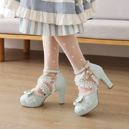 Women's Lolita Lace Strappy Butterfly Knot Pearls Chunky Heel Platform Sandals