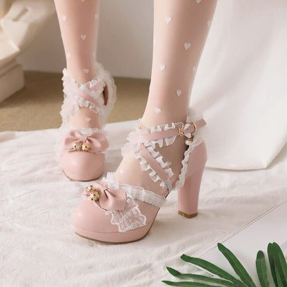 Women's Lolita Round Toe Lace Butterfly Knot Chunky Heel Platform Sandals