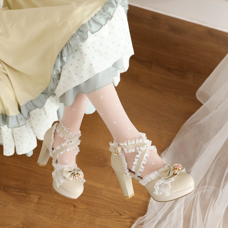 Women's Lolita Round Toe Lace Butterfly Knot Chunky Heel Platform Sandals