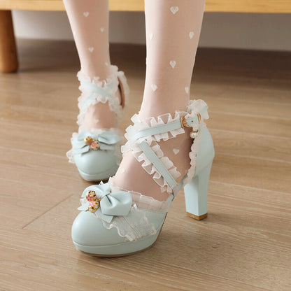 Women's Lolita Round Toe Lace Butterfly Knot Chunky Heel Platform Sandals