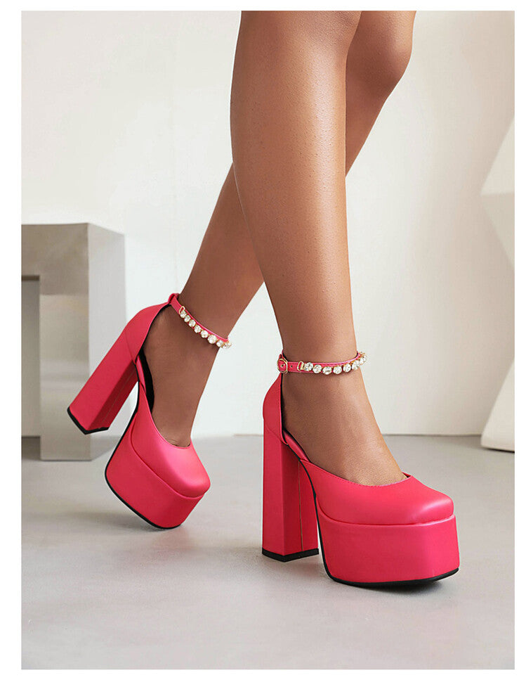 Women's Solid Color Round Toe Chunky Heel Ankle Strap Rhinestone High Heels Platform Sandals